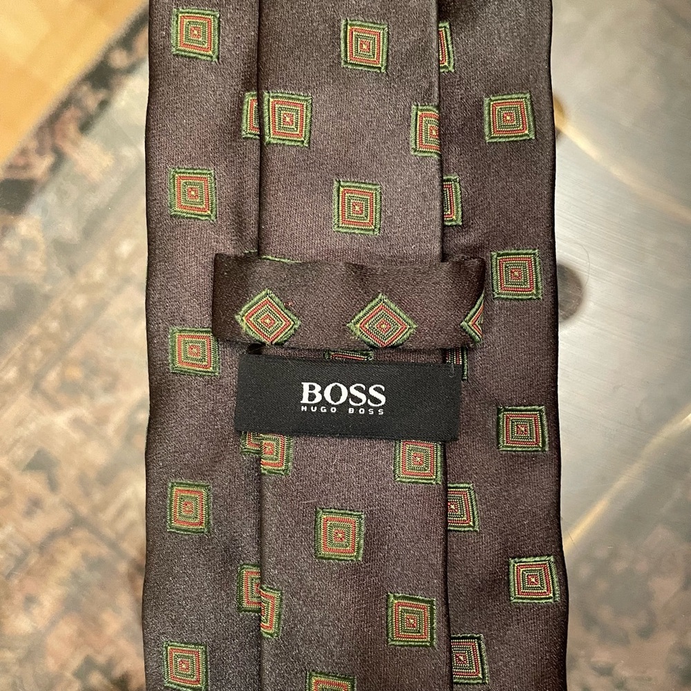 Hugo Boss Brown Silk Tie with Green and Red Square Motif
